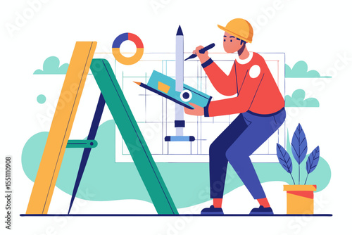 Architect working on blueprint design using compass and level tools a scalable graphic perfect for branding and logo design