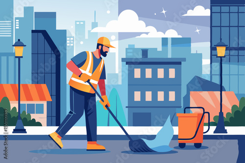 A City Street Cleaner Sweeping Clean Urban Streetscape Design for Branding and Logos