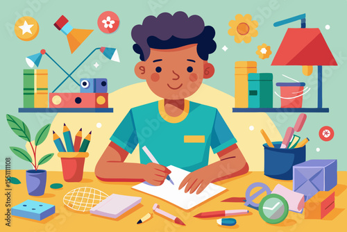 Creative Kid Studying at Desk with Colorful Supplies:  A Vibrant Vector Graphic Perfect for Education, Childrens Books, and Back to School Designs
