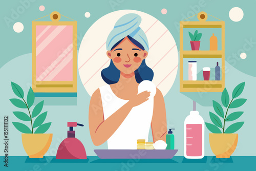 Woman Cleansing Face Skincare Routine Bathroom Design Graphic