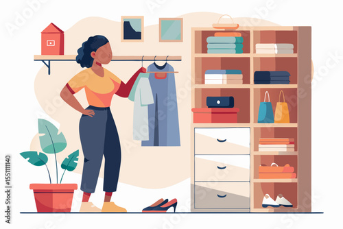 Stylish Woman Organizing Her Modern Closet Wardrobe Design featuring Clothes Shoes and Accessories