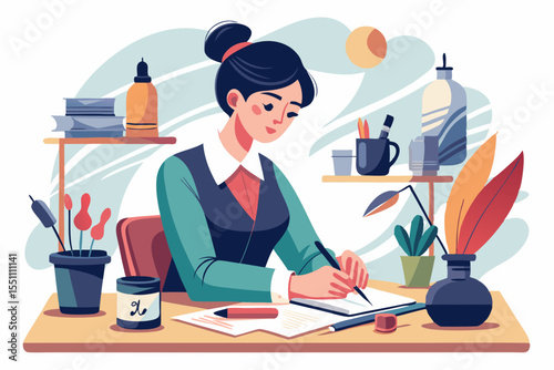 A woman writer working at her desk amidst plants and stationery creating a vibrant and productive workspace scene perfect for blog posts or website design.