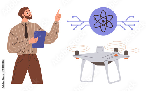Man with clipboard presenting drone and atomic network concept. Ideal for science, technology, innovation, research, education, artificial intelligence, future tech. Simple flat metaphor