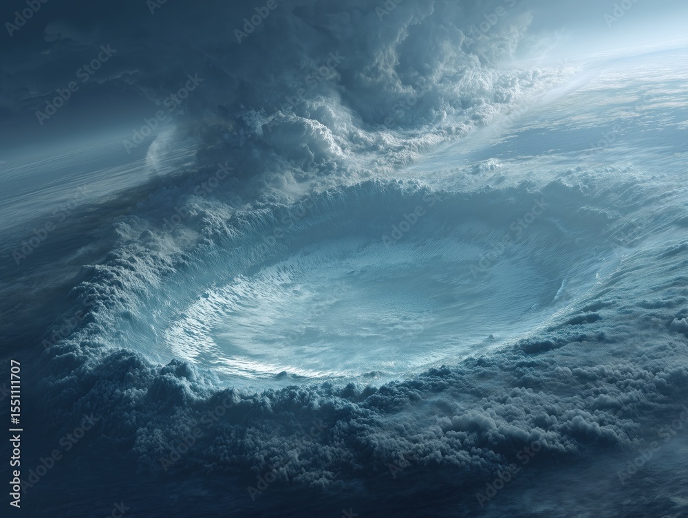 Fototapeta premium Asteroid Impact-Induced Tsunami Genesis: Dome-Shaped Water Wall Formation in Stormy Atmosphere, Energy Transfer Visualization for Disaster Prevention Education