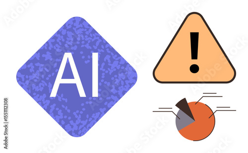 AI symbol in a textured square, warning sign with exclamation mark, and segmented pie chart in muted tones. Ideal for technology, caution, analytics, innovation, risk strategy education. Simple