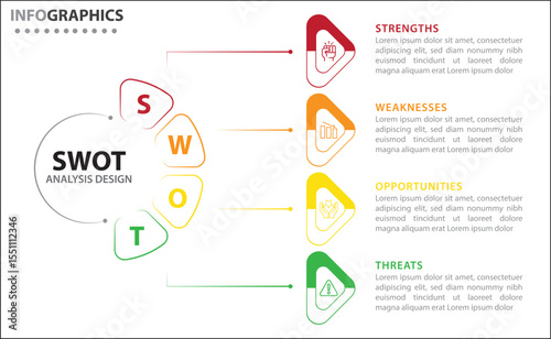 Clean and modern SWOT analysis infographic template. Editable design for presentations, business reports, or strategy plans. Highlights Strengths, Weaknesses, Opportunities, and Threats clearly.