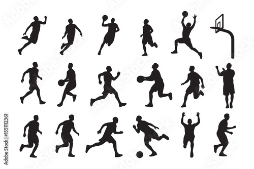 Collection of black silhouettes of basketball players in action poses