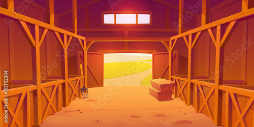 Wooden farm stable or barn interior with sand floor, hayloft haystacks and open doors and warm light outside. Cartoon vector rural countryside construction with hay bales and fork leaning on the wall
