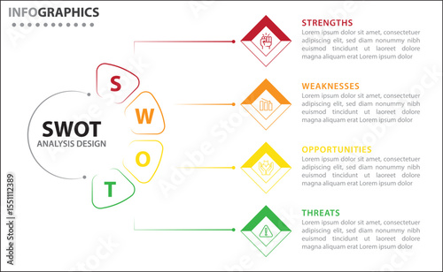 Clean and modern SWOT analysis infographic template. Editable design for presentations, business reports, or strategy plans. Highlights Strengths, Weaknesses, Opportunities, and Threats clearly.