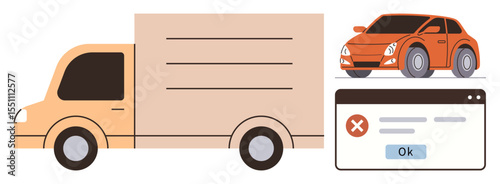 Freight truck and car next to a failed notification popup with a red error mark and ok button. Ideal for logistics, transport, delivery, malfunction, error management, system alert, simple flat