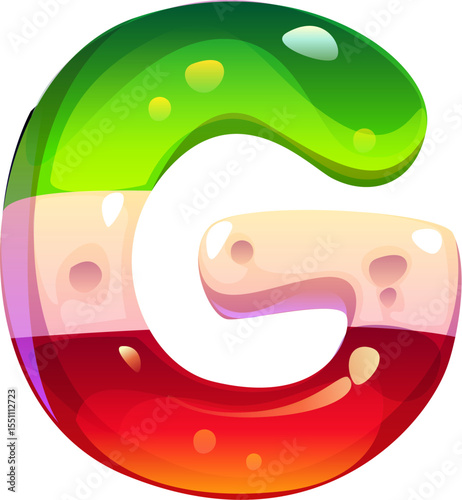 Candy font of gummy jelly letter for sweet dessert type and confectionery typeface, vector English alphabet. Candy font letter G as jelly marmalade or caramel lollipop and gummy jelly dessert
