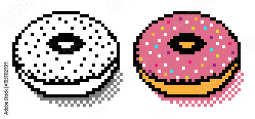 Donut pixel 3d isometric black white and color vector style for decoration, pattern, menu