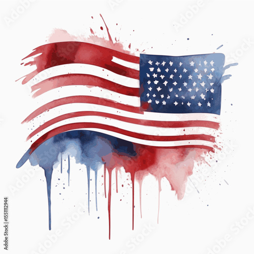 Artistic Watercolor American Flag with Grunge Paint Splatter Effect – Patriotic USA Illustration