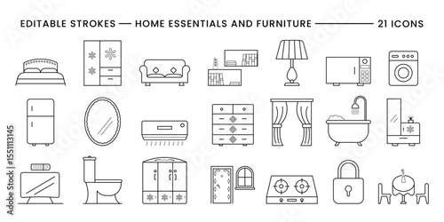 Collection of home essentials and furniture line art vector icons with editable strokes isolated on transparent background