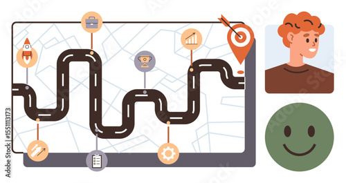 Winding roadmap with achievement icons, target pin, user profile, and smile face. Ideal for success planning, goal setting, business growth, journey progress, user experience workflow simple flat