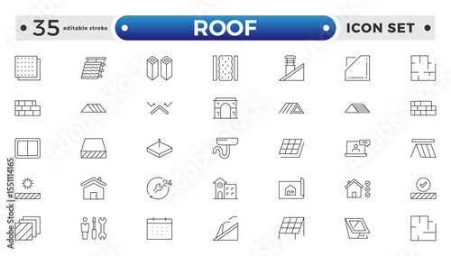 Roof Outline icons set. Construction and roofing repair of the roof of the house. Property and characteristics of different types of roofs. Layers of materials. Editable stroke outline icon. 