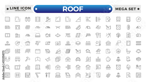 Roof Outline icons set. Construction and roofing repair of the roof of the house. Property and characteristics of different types of roofs. Layers of materials. Editable stroke outline icon. 