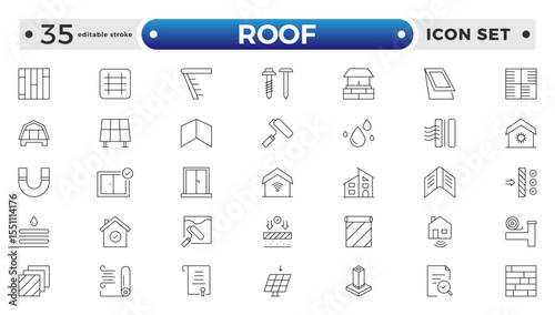 Roof Outline icons set. Construction and roofing repair of the roof of the house. Property and characteristics of different types of roofs. Layers of materials. Editable stroke outline icon. 