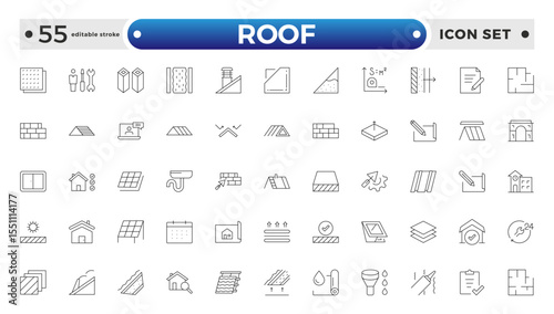 Roof Outline icons set. Construction and roofing repair of the roof of the house. Property and characteristics of different types of roofs. Layers of materials. Editable stroke outline icon. 