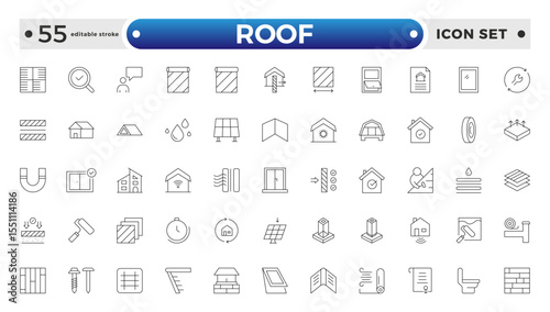 Roof Outline icons set. Construction and roofing repair of the roof of the house. Property and characteristics of different types of roofs. Layers of materials. Editable stroke outline icon. 