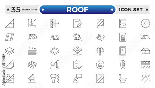 Roof Outline icons set. Construction and roofing repair of the roof of the house. Property and characteristics of different types of roofs. Layers of materials. Editable stroke outline icon. 