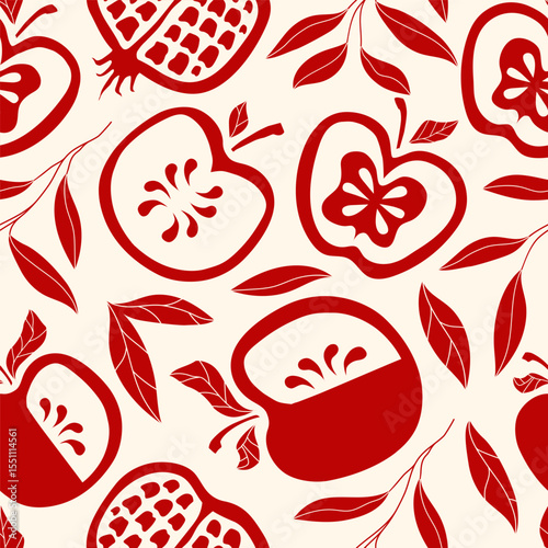 Shana Tova pattern hand drawn cute stye for Rosh Hashanah holidays, Jewish New Year. Pomegranate, apple, leaves vector