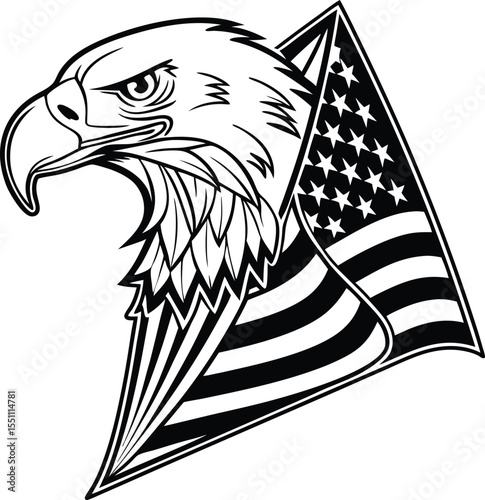 Tribal black eagle head vector illustration with flag symbol for tattoo design
