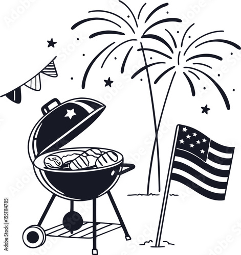Vector illustration set of barbecue grills and bowls with food, perfect for a summer beach BBQ design