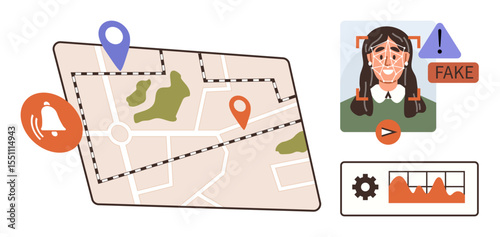 Digital map with location pins, AI detection of fake media, notification bell, and analytics chart. Ideal for technology, AI, deepfake detection, security, navigation surveillance data tracking