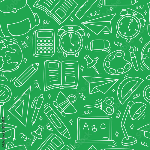 Seamless pattern with school icons hand drawn doodle set