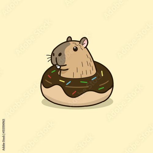 Adorable capybara inside a giant chocolate donut, cartoon vector illustration.