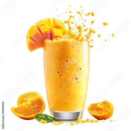 A vibrant mango smoothie in a glass with mango garnish and orange slices on a black background on transparent background