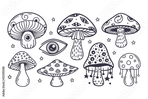 Goblincore Magic Mushroom Clipart. Hand Drawn Mystical Toadstools with Eyes, Stars, and Flowers in Boho Style Clipart Vector Illustration