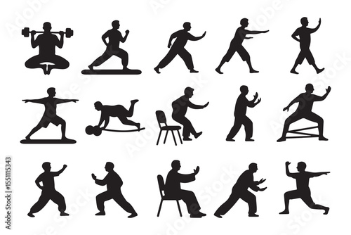 Collection of black silhouettes of people performing various exercises and martial arts poses