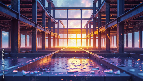 Fototapeta Naklejka Na Ścianę i Meble -  Architectural structure perspective render showing the construction framework with sunset background and reflections