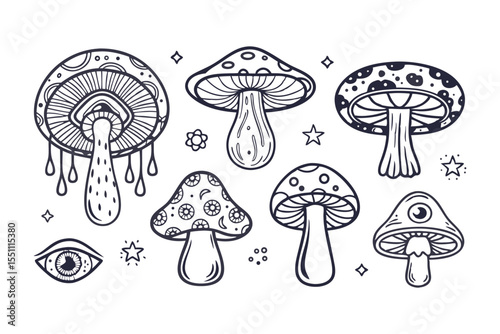 Goblincore Magic Mushroom Clipart. Hand Drawn Mystical Toadstools with Eyes, Stars, and Flowers in Boho Style Clipart Vector Illustration