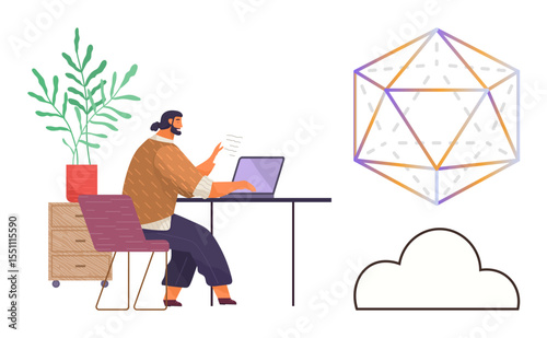 Woman at desk working on laptop with cloud storage concept and 3D geometric shape. Ideal for remote work, data analysis, tech innovation, cloud solutions, modern workspace, visualization, simple flat