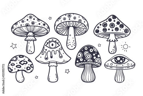 Goblincore Magic Mushroom Clipart. Hand Drawn Mystical Toadstools with Eyes, Stars, and Flowers in Boho Style Clipart Vector Illustration