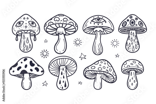Goblincore Magic Mushroom Clipart. Hand Drawn Mystical Toadstools with Eyes, Stars, and Flowers in Boho Style Clipart Vector Illustration