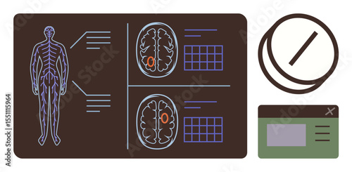 Human anatomical diagram, brain scans, tablets, and a digital window interface highlight diagnostic, research, and healthcare concepts. Ideal for medicine, health tech, neurology drug development