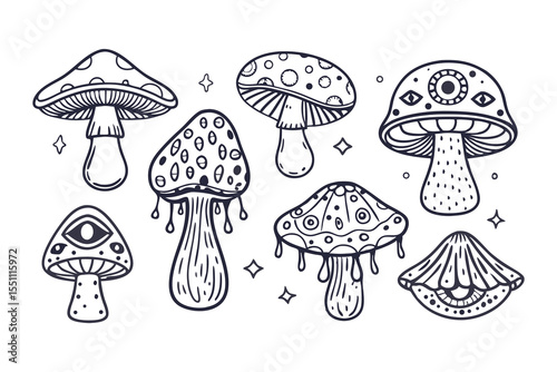 Goblincore Magic Mushroom Clipart. Hand Drawn Mystical Toadstools with Eyes, Stars, and Flowers in Boho Style Clipart Vector Illustration