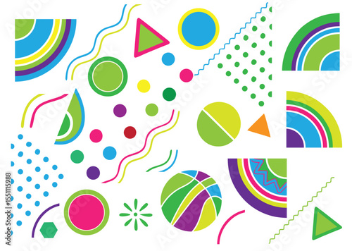 Collection of rhythmic layout of shapes including dots, half-circles, spheres, and wavy lines. Repetition and structure are more pronounced, with consistent use of green, pink, blue, and yellow  hues.