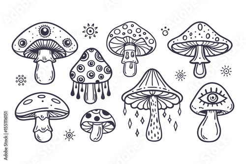 Goblincore Magic Mushroom Clipart. Hand Drawn Mystical Toadstools with Eyes, Stars, and Flowers in Boho Style Clipart Vector Illustration