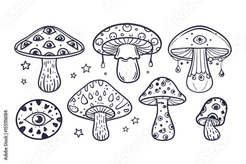 Goblincore Magic Mushroom Clipart. Hand Drawn Mystical Toadstools with Eyes, Stars, and Flowers in Boho Style Clipart Vector Illustration