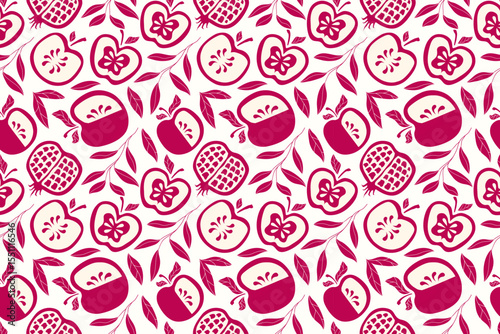 Shana Tova pattern hand drawn trendy stye for Rosh Hashanah holidays, Jewish New Year. Pomegranate, apple, leaves vector