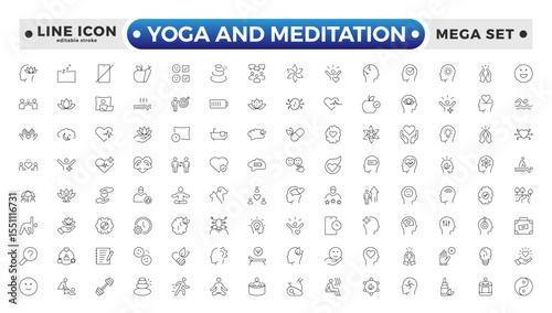 Yoga and meditation Outline icon set. Wellness icon set. Containing massage, yoga, spa, relaxation, health, exercise, diet, wellbeing, meditation, aromatherapy and more. Editable stroke outline icon.
