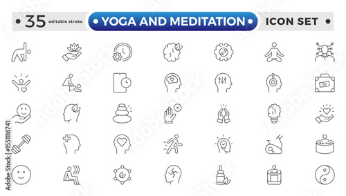 Yoga and meditation Outline icon set. Wellness icon set. Containing massage, yoga, spa, relaxation, health, exercise, diet, wellbeing, meditation, aromatherapy and more. Editable stroke outline icon.
