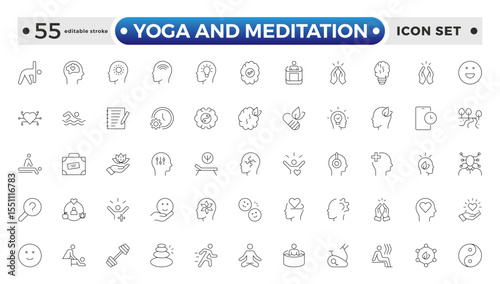 Yoga and meditation Outline icon set. Wellness icon set. Containing massage, yoga, spa, relaxation, health, exercise, diet, wellbeing, meditation, aromatherapy and more. Editable stroke outline icon.
