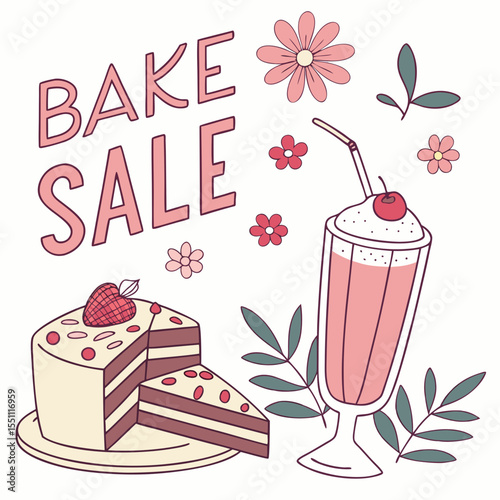 Hand-Drawn Bake Sale Illustration with Cake, Drink, and Floral Elements