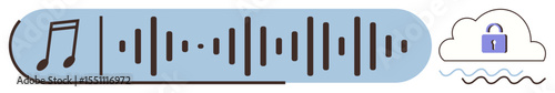 Musical note, audio waveform, cloud with lock signifying secure streaming, encryption, and cloud storage. Ideal for data protection, music apps, secure sharing, privacy technology internet
